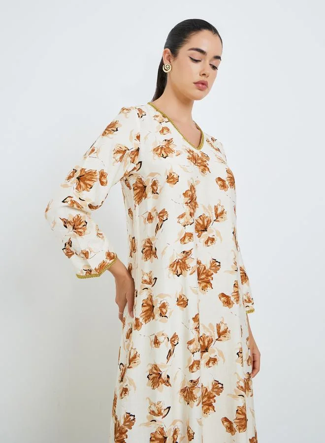 أميرة جلابية بحافة واسعة وطبعة زهور للنساء